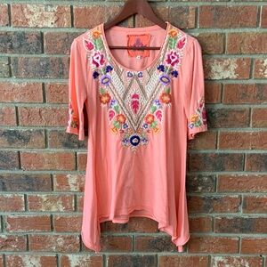 Johnny Was Embroidered Peach Half Sleeve Top
